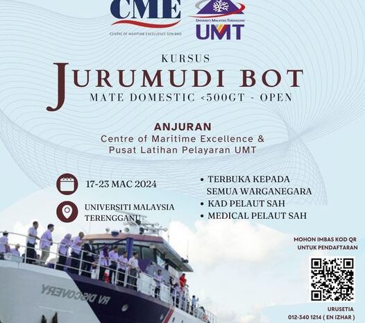  Kursus Jurumudi Bot (Mate Domestic <500GT-Open) yang berlangsung pada 21-27 April 2024 bertempat di UMT – Universiti Malaysia Terengganu